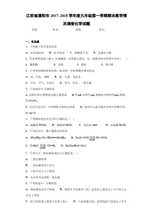 江苏省溧阳市2020-2021学年度九年级第一学期期末教学情况调查化学试题