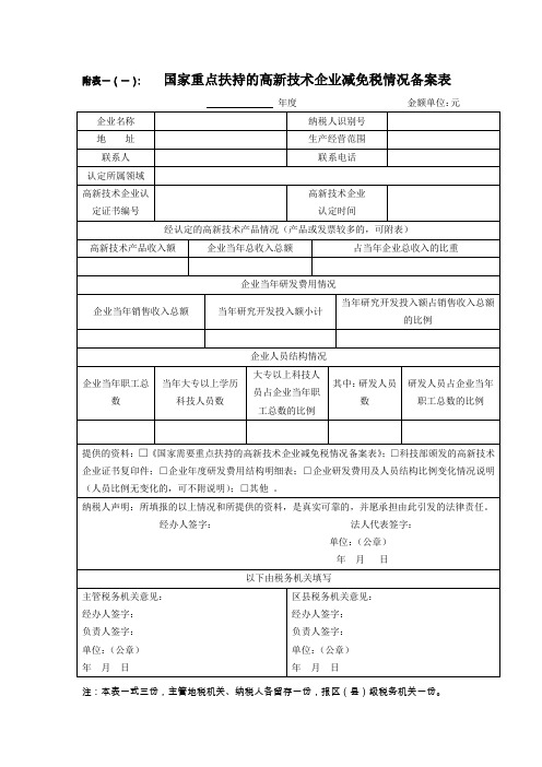 减免税备案表doc-附表一(一)国家重点扶持的高新技.doc