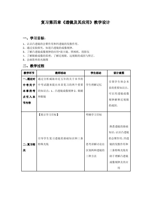 初中物理_复习透镜及其应用教学设计学情分析教材分析课后反思