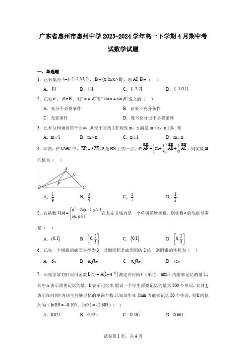 广东省惠州市惠州中学2023-2024学年高一下学期4月期中考试数学试题