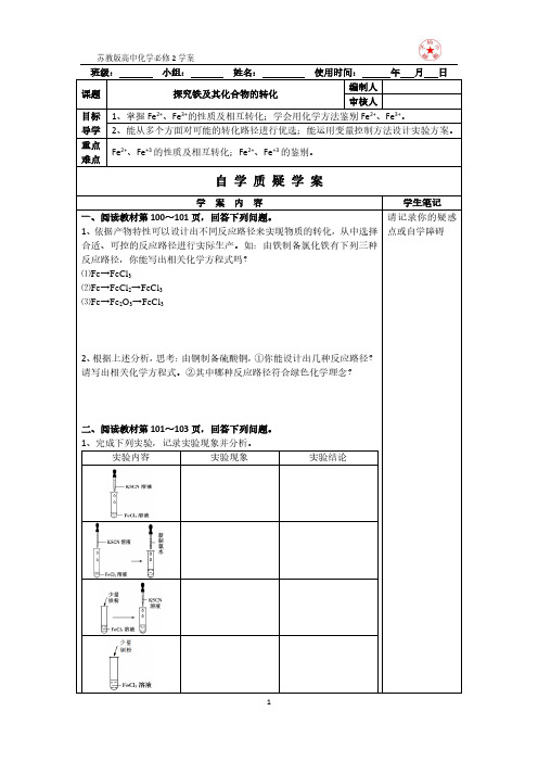 苏教版高中化学必修2专题9《探究铁及其化合物的转化》学案