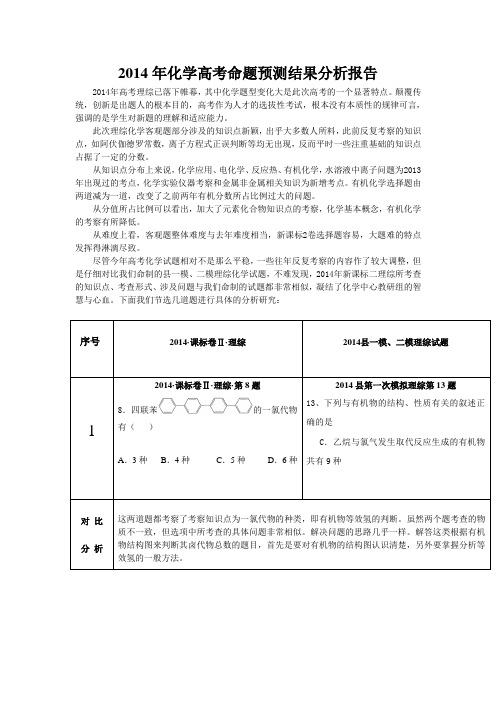 2014年化学高考命题预测结果分析报告