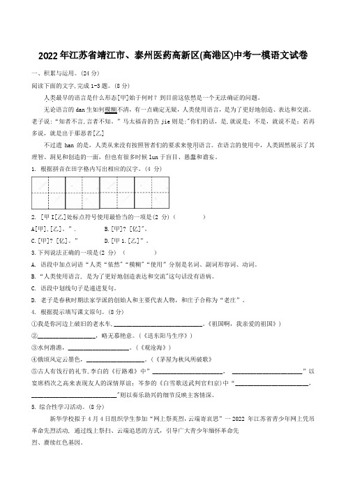 2022年江苏省靖江市泰州医药高新区高港区中考一模语文试卷含答案