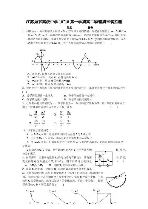 最新-江苏如东高级中学2018第一学期高二物理期末模拟题-人教版[原创] 精品