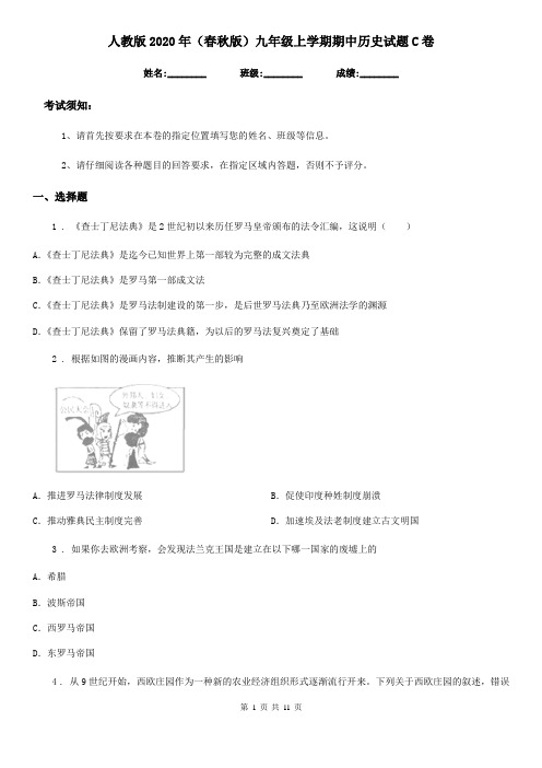 人教版2020年(春秋版)九年级上学期期中历史试题C卷(测试)