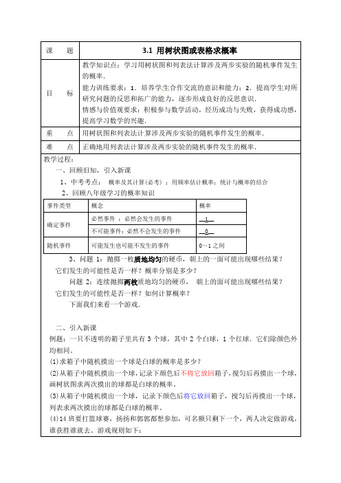 北师大版初中数学九年级上册《树状图或表格求简单事件的概率》 优质课教学设计_0