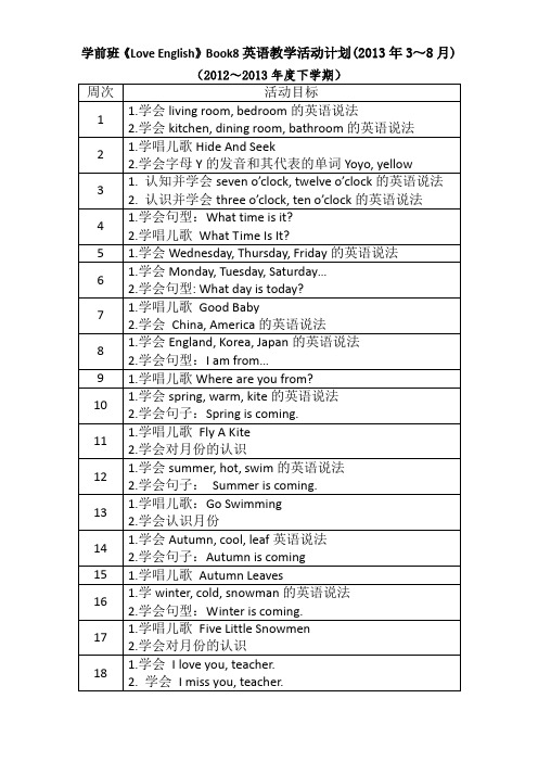 浔海幼儿园学前班《Love English》Book8英语教学活动计划(2013年3～8月)(2012～2013年下学期春夏季)-ok