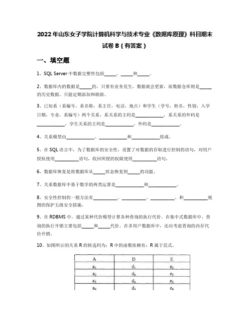 2022年山东女子学院计算机科学与技术专业《数据库原理》科目期末试卷B(有答案)