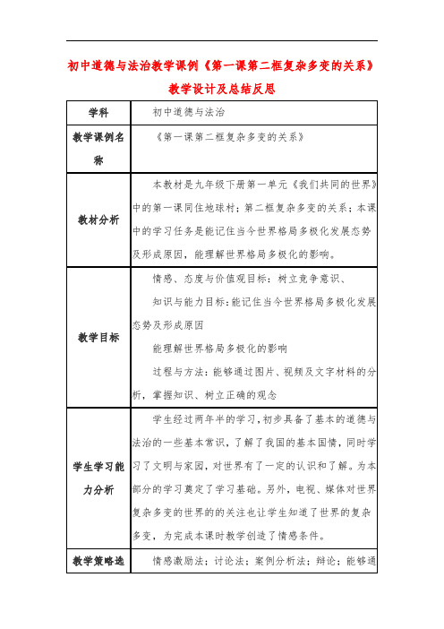 初中道德与法治教学课例《第一课第二框复杂多变的关系》课程思政核心素养教学设计及总结反思