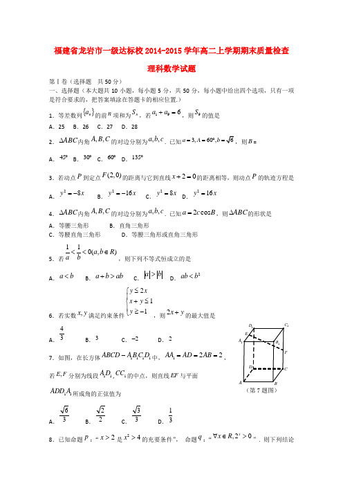 福建省龙岩市一级达标校高二数学上学期期末质量检查试题 理