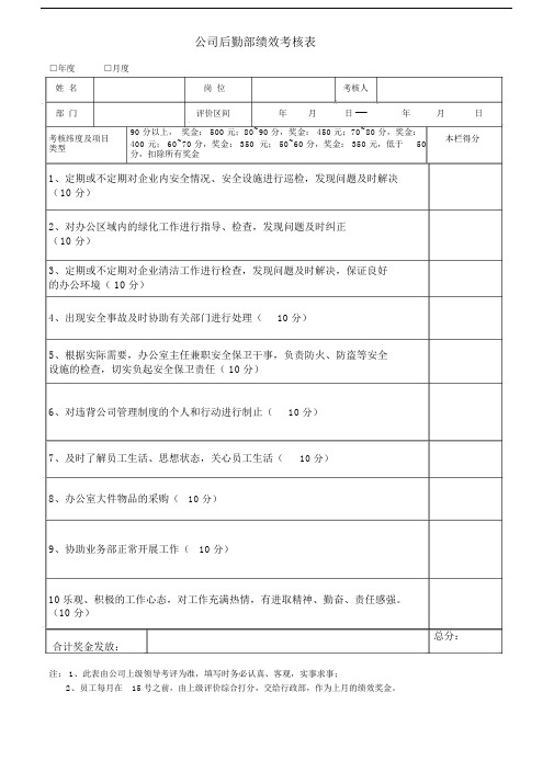 后勤部绩效考核表