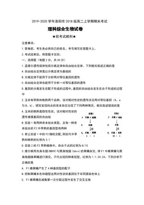 2019-2020学年河南省洛阳市2018级高二上学期期末考试理科综合生物试卷及答案