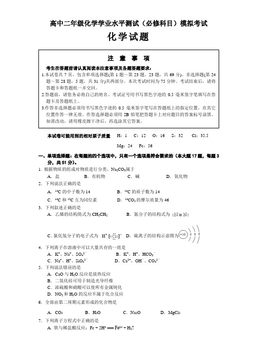 高中二年级化学学业水平测试