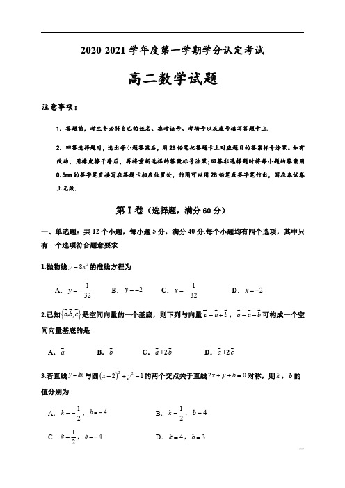 山东省济宁市嘉祥县第一中学2020-2021高二上学期期中考试数学试题 含答案