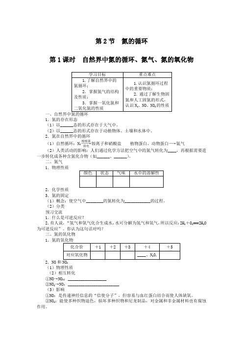 化学鲁科版必修1 第3章第2节氮的循环第1课时 学案