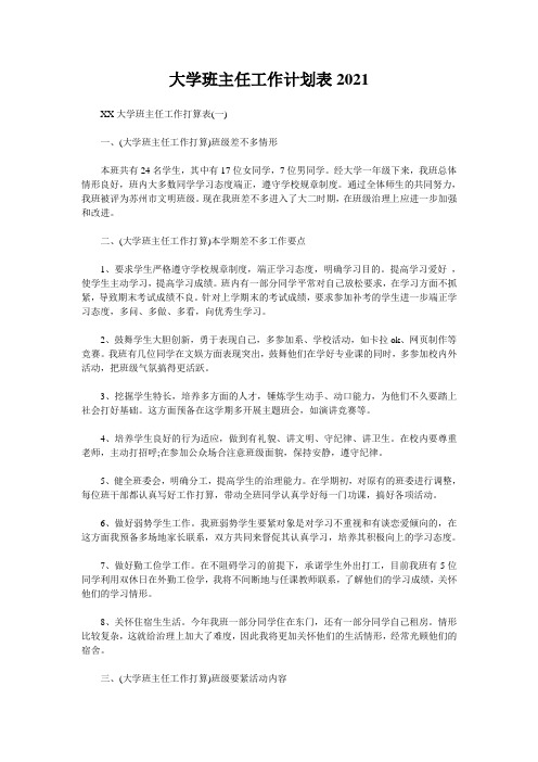 大学班主任工作计划表2021