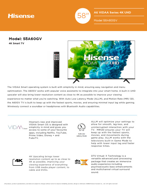 Hisense 58A60GV 4K 智能TV 说明文件说明书