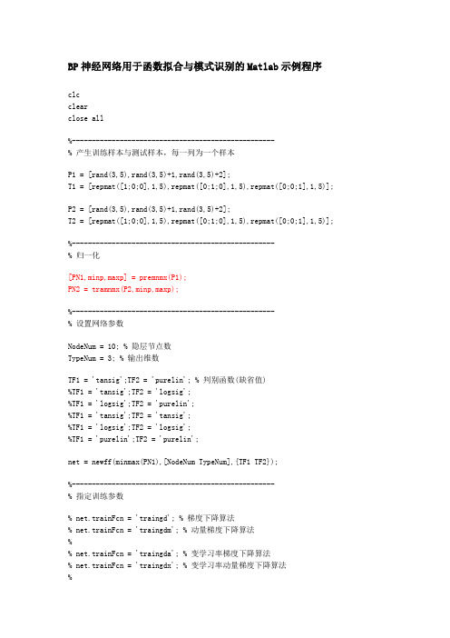 BP神经网络用于函数拟合与模式识别的Matlab示例程序 - 副本