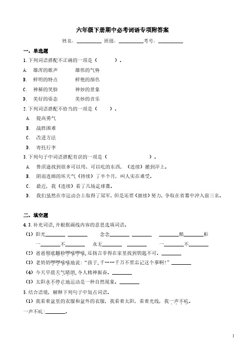 六年级下册期中必考词语专项附答案