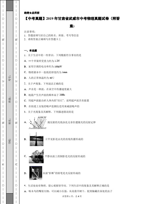 【中考真题】2019年甘肃省武威市中考物理真题试卷(附答案)