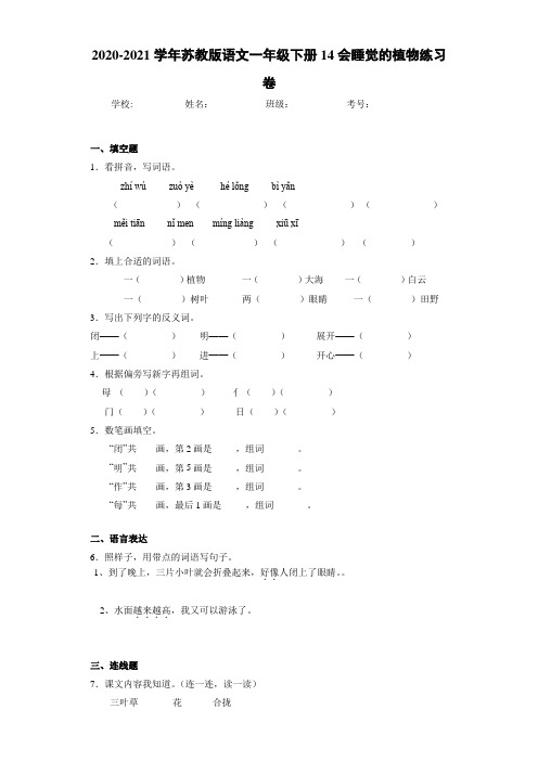 2020~2021学年苏教版语文一年级下册14会睡觉的植物练习卷