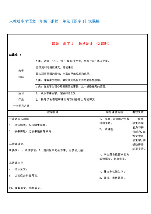 人教版小学语文一年级下册第一单元《识字1》说课稿及教案