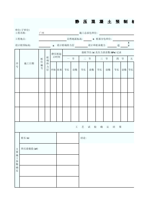 静压混凝土预制桩、钢桩施工工艺试验记录表 GD2301014