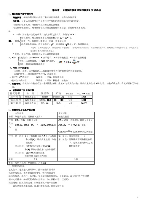 《细胞的能量供应和利用》知识总结