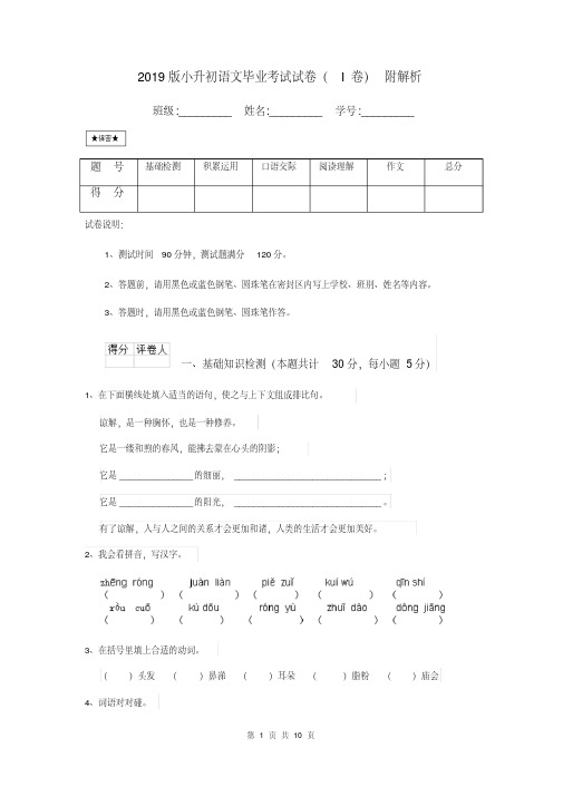 2019版小升初语文毕业考试试卷(I卷)附解析