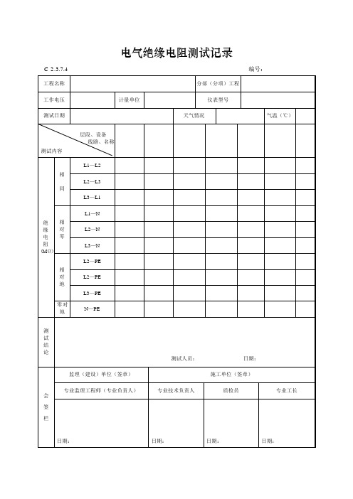 电气绝缘电阻测试记录