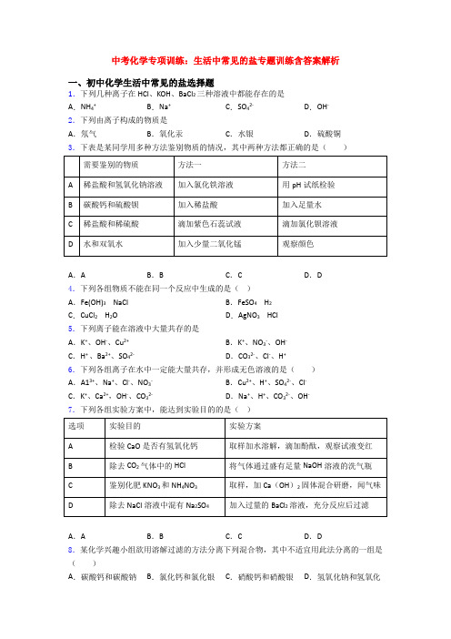 中考化学专项训练：生活中常见的盐专题训练含答案解析