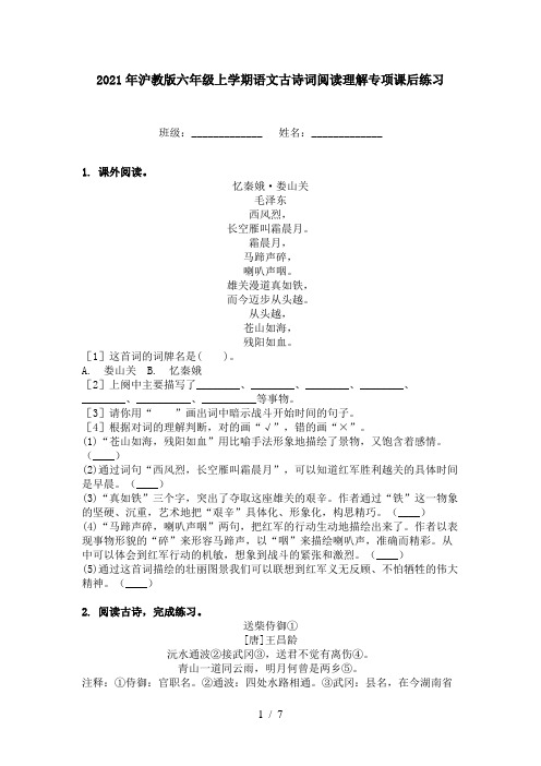 2021年沪教版六年级上学期语文古诗词阅读理解专项课后练习