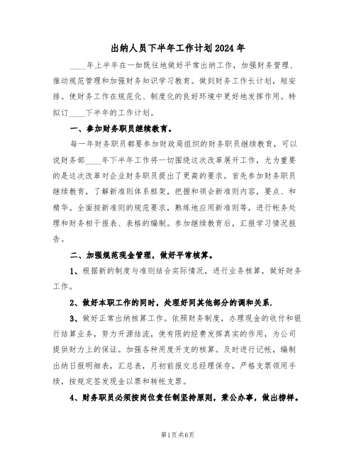 出纳人员下半年工作计划2024年(二篇)