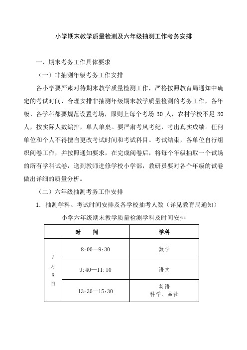 小学期末教学质量检测及六年级抽测工作考务安排