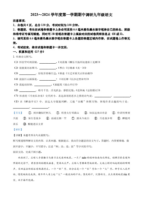 精品解析：陕西省渭南市渭南初级中学2023-2024学年九年级上学期期中语文试题(解析版)