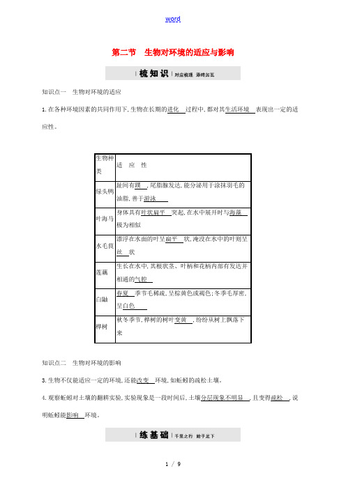 八年级生物下册 6.1.2 生物对环境的适应与影响精练 (新版)济南版-(新版)济南版初中八年级下册