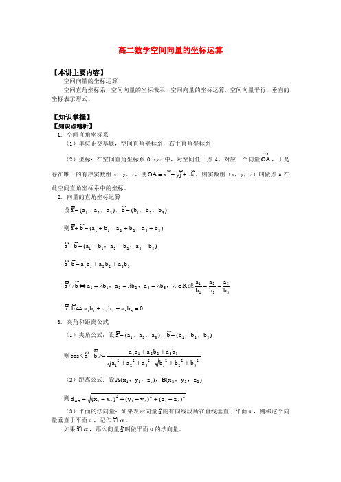 高二数学空间向量的坐标运算知识精讲