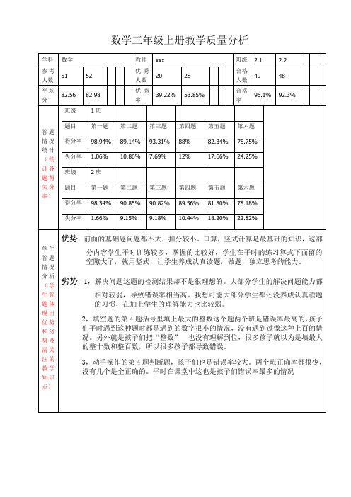 数学三年级上册个人教学质量分析