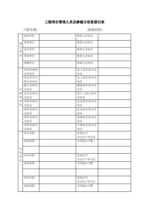 工程项目管理人员及参建方信息登记表