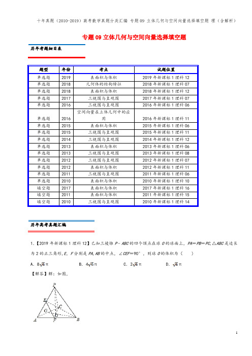 十年真题(-2019)高考数学真题分类汇编 专题09 立体几何与空间向量选择填空题 理(含解析)