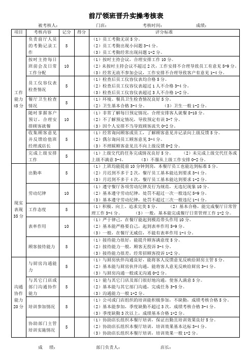 前厅领班晋升实操考核表