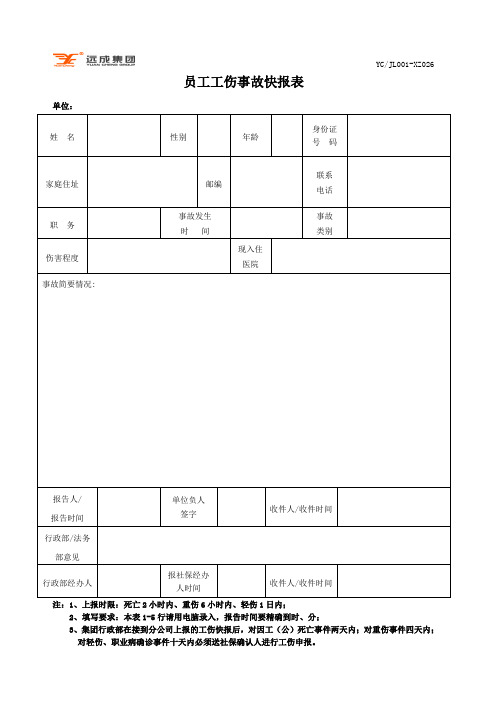 集团分公司员工工伤事故快报表