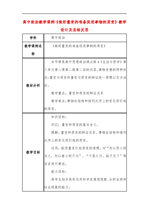 高中政治教学课例《做好量变的准备促进事物的质变》课程思政核心素养教学设计及总结反思