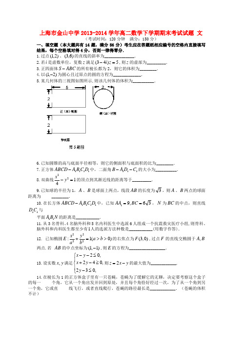 上海市金山中学高二数学下学期期末考试试题 文