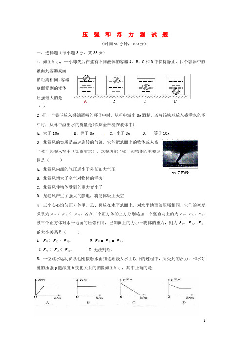 九年级物理 压强和浮力测试题(无答案) 人教新课标版