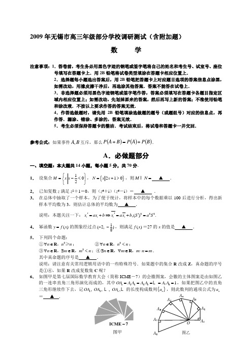 100测评网高三数学复习江苏省2009年无锡市高三年级部分学校期末调研测试(含附加题)