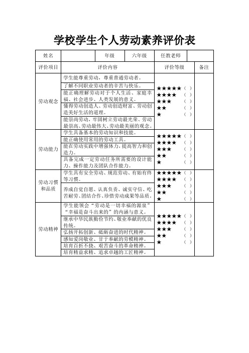 学校学生个人劳动素养评价表