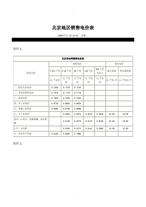 北京地区销售电价表