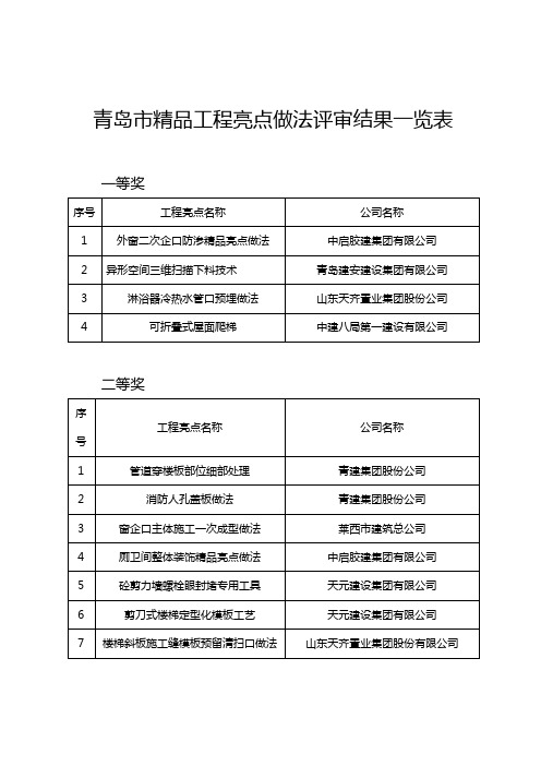 青岛市精品工程亮点做法评审结果一览表