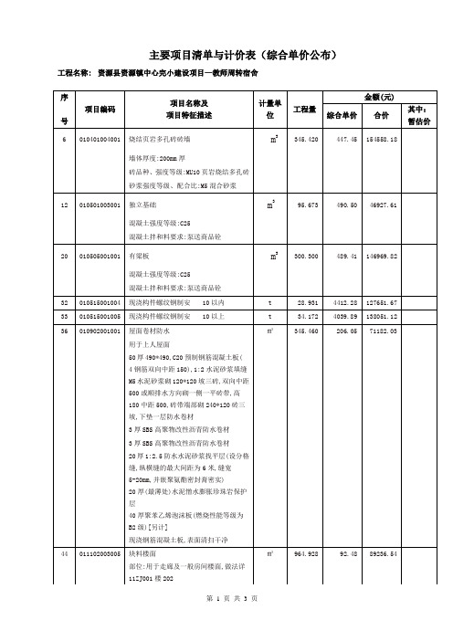 主要项目清单与计价表(综合单价公布)